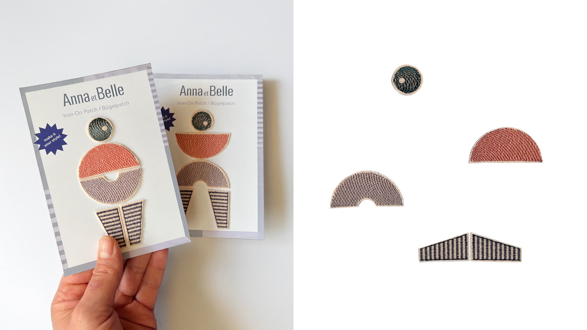 Zwei Displays in einer Hand zeigen die 5-teilige Patch-Figur in unterschiedlichen Anordnungen, daneben eine Landschaft aus den gleichen Elementen