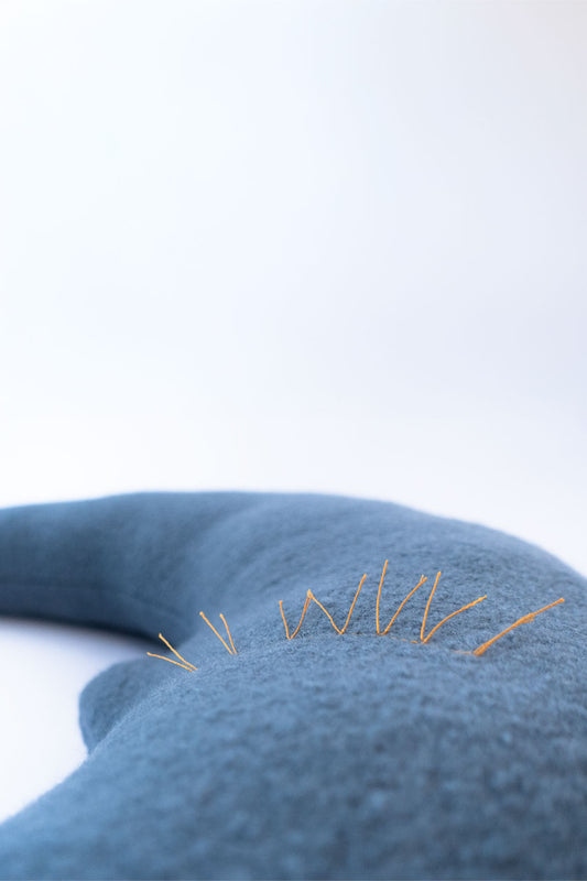 Detailaufnahme des großen Mondkissens in Taubenblau mit Detailansicht Wimpern in Gelb