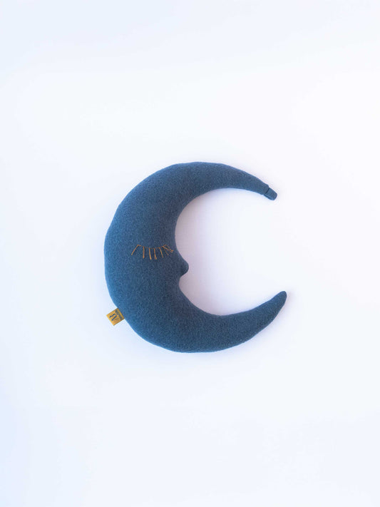 Kleines Mondkissen in Taubenblau und gelben Wimpern für Babys und Kinder als Kuschelkissen, Stillkissen und Kinderzimmer Deko